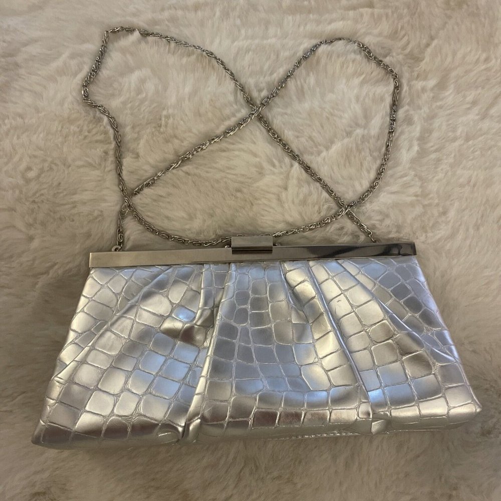 Vintage Gunne Sax Silver crocodile Clutch metallic baguette chain